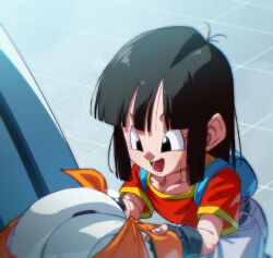  1girl :d bandana black_eyes black_hair collarbone commentary_request denim dragon_ball dragon_ball_gt giru_(dragon_ball) grey_pants jeans open_mouth orange_bandana pan_(dragon_ball) pants red_shirt robot rom_(20) shirt short_hair short_sleeves smile solo 