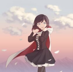  1girl black_corset black_skirt breasts cape cleavage_cutout clothing_cutout commentary corset grey_eyes highres hood hooded_cape looking_to_the_side medium_hair meeako petals red_cape red_hair rwby skirt smile solo summer_rose sunset white_cape white_petals 