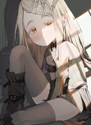  1girl arms_between_legs belt belt_buckle black_belt buckle collared_shirt contrast_(idolmaster) feet_out_of_frame floral_print gakuen_idolmaster grey_shirt grey_shorts grey_thighhighs hashtag-only_commentary highres idolmaster knee_up leg_belt long_sleeves looking_at_viewer noko_(nowako33) orange_eyes print_shirt print_shorts shinosawa_hiro shirt shorts sitting solo thigh-highs twitter_username watermark window_shadow 