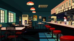  2girls animated animated_gif black_hair bowl ceiling chair counter eating floor food indoors looping_animation lowres multiple_girls noodles original pixel_art ponytail ramen red_hair restaurant satou_oyasumi scenery stool table wide_shot window window_shadow 