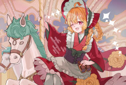  1girl absurdres apron binoculars blonde_hair blush bonnet braid carousel floral_print highres holding holding_binoculars japanese_clothes lolita_fashion long_hair maid open_mouth original red_bonnet red_eyes red_nails smile uta-yomi wa_lolita wa_maid white_apron wide_sleeves 
