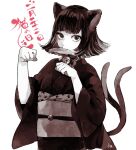  1girl animal_ears bangs bell black_eyes black_hair cat_day cat_ears cat_girl cat_tail highres japanese_clothes kimono looking_at_viewer mouth_hold multiple_tails neck_bell nyan oguanf original simple_background solo tail white_background 