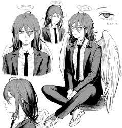  1boy angel_devil_(chainsaw_man) chainsaw_man closed_mouth collared_shirt commentary_request cropped_torso from_side hair_between_eyes halo highres invisible_chair jacket looking_at_viewer male_focus multiple_views necktie open_clothes open_jacket pants profile rigeshita shirt shoe_soles shoes short_hair simple_background sitting suit_jacket translation_request white_background wings 