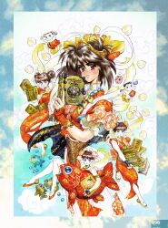  1990s_(style) 4girls absurdres armlet bead_necklace beads book book_stack border brown_hair double_bun dress fish hair_bun headdress highres holding holding_book jewelry light_smile looking_at_viewer magatama magatama_necklace multiple_girls necklace non-web_source octopus original page_number red_dress red_eyes retro_artstyle shirow_masamune solo_focus yin_yang 