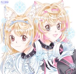  2girls :d absurdres animal_ears bandaid bandaid_hair_ornament blonde_hair blue_eyes dog_ears dog_girl fang frills fur_trim fuwawa_abyssgard fuwawa_abyssgard_(1st_costume) hair_ornament headphones highres hololive hololive_english jacket long_hair looking_at_viewer mococo_abyssgard mococo_abyssgard_(1st_costume) mokopon multiple_girls pink_eyes smile snowflakes virtual_youtuber 