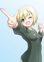  1girl blonde_hair blue_background blue_eyes blush breasts commentary_request erica_hartmann grey_jacket happy highres jacket military_uniform one_eye_closed orokana_nekku_guusu shirt simple_background small_breasts solo strike_witches upper_body white_shirt world_witches_series 