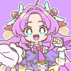  1girl :d ahoge akechi_anna aqua_eyes aqua_trim artist_name back_bow bare_shoulders bow bright_pupils brooch buttons capelet commentary cure_answer curtained_hair double-breasted double_bun dress fingerless_gloves glove_bow gloves gold_buttons hair_bun hair_flaps hair_intakes hair_ornament hand_up highres jewelry long_hair looking_at_viewer magical_girl mayena meitantei_precure! no_nose no_sclera off-shoulder_dress off_shoulder open_hand open_mouth outline outstretched_hand parted_bangs precure purple_bow purple_capelet purple_dress purple_hair purple_theme reaching reaching_towards_viewer sidelocks simple_background smile solo spread_fingers teeth thick_eyebrows upper_body upper_teeth_only very_long_hair watermark white_gloves white_outline white_pupils wing_hair_ornament yellow_bow 