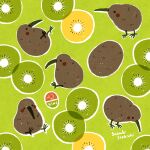  animal_name artist_name bird blush food fruit green_background highres kiwi_(bird) kiwi_(fruit) kiwi_slice lying namesake no_humans on_back original outline signature simple_background sitting standing suzuki_itokichi white_outline 