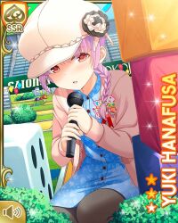  1girl balloon black_pantyhose blue_dress braid cardigan dice dress floral_print floral_print_dress girlfriend_(kari) hair_over_shoulder hanafusa_yuki hat holding holding_microphone knees long_bangs looking_at_viewer microphone official_art orange_cardigan pantyhose pink_hair print_dress qp:flapper red_eyes single_braid sitting solo white_hat 