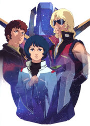  1990s_(style) 3boys aeug amuro_ray bare_shoulders black_eyes blonde_hair blue_hair brown_hair char_aznable commentary_request emblem green_eyes gundam insignia jacket kamille_bidan looking_at_viewer magazine_scan mecha military_jacket military_rank_insignia military_uniform mobile_suit mullet multiple_boys official_art onda_naoyuki promotional_art quattro_bajeena red_hair retro_artstyle robot scan science_fiction sunglasses traditional_media v-fin white_background zeta_gundam zeta_gundam:_a_new_translation zeta_gundam_(mobile_suit) 