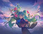  1girl aqua_eyes baofandxy black_kimono cowboy_shot floating_hair flower from_side green_hair highres holding japanese_clothes kimono long_hair looking_at_viewer looking_to_the_side morning_glory obi original outstretched_arm plant potted_plant sash sky solo very_long_hair 