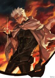  1boy archer_(fate) armor bow_(weapon) breastplate collar dark-skinned_male dark_skin fate/stay_night fate/unlimited_blade_works fate_(series) g0ringo male_focus scarf solo spiky_hair weapon white_hair 