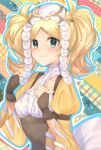  1girl bangs blonde_hair blush brown_gloves clenched_hands edamameoka fingerless_gloves fire_emblem fire_emblem_awakening gloves green_eyes hair_ornament highres lissa_(fire_emblem) long_sleeves looking_at_viewer parted_bangs smile solo twintails upper_body wide_sleeves 