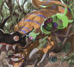  absurdres closed_eyes closed_mouth colored_skin digimon digimon_(creature) dinosaur green_skin greymon highres level-00 nature no_pupils open_mouth orange_skin outdoors red_eyes scared sharp_teeth sweat teeth tree worm wormmon 