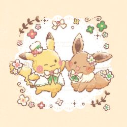  animal_focus artist_name blush bow clothed_pokemon commentary_request eevee flower highres one_eye_closed open_mouth pikachu poke_ball pokemon pokemon_(creature) pokemon_focus ribbon sitting smile temariame14 