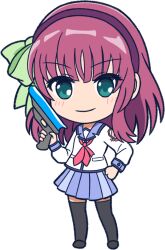  >:) 1girl angel_beats! black_thighhighs blue_skirt blunt_bangs blush bow chibi chibi_only closed_mouth commentary_request eyes_visible_through_hair green_bow green_eyes gun hair_bow hairband hand_on_own_hip hand_up highres holding holding_gun holding_weapon long_sleeves looking_at_viewer medium_hair miniskirt nakamura_yuri pleated_skirt purple_hair purple_hairband shinda_sekai_sensen_uniform shirt simple_background skirt smile solo thigh-highs transparent_background user_uvgr2282 v-shaped_eyebrows weapon white_shirt zettai_ryouiki 