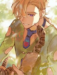  1boy animal apuri_maki blonde_hair brick clothing_cutout commentary_request dappled_sunlight earrings hair_over_one_eye holding holding_animal holding_snake jewelry jojo_no_kimyou_na_bouken looking_down male_focus necktie pannacotta_fugo smile snake solo stud_earrings sunlight twitter_username vento_aureo violet_eyes watermark 