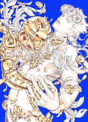  1boy arm_around_waist blue_background collared_jacket cowboy_shot falling_petals flower giorno_giovanna gold_experience gold_flower hair_rings hashtag-only_commentary highres jacket jojo_no_kimyou_na_bouken long_sleeves looking_at_viewer male_focus parted_lips petals stand_(jojo) vento_aureo zhhy3324 