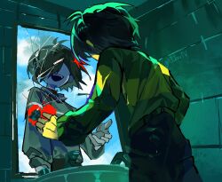  2others 7szndc :d blue_sky broken_mirror brown_hair clouds deltarune green_shirt hair_over_eyes hashtag-only_commentary heart indoors kris_(deltarune) mirror multiple_others open_mouth other_focus pants shirt short_hair sink sky smile soul_(deltarune) standing teeth tile_wall tiles upper_teeth_only utdr_(toby_fox) 