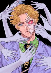  1boy 99g_q black_background black_necktie blonde_hair blue_eyes cheekbones colored_sclera commentary diamond_wa_kudakenai disembodied_hand formal_clothes fusion green_shirt highres jacket jojo_no_kimyou_na_bouken killer_queen kira_yoshikage looking_at_viewer male_focus necktie pink_nails pink_sclera pinstripe_pattern pinstripe_shirt purple_jacket shirt short_hair simple_background slit_pupils solo stand_(jojo) striped_clothes striped_shirt suit symbol-only_commentary upper_body vertical-striped_clothes vertical-striped_shirt 