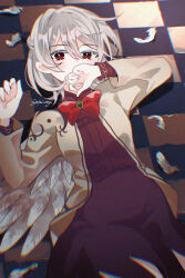  1girl blush bow bowtie braid checkered_floor chromatic_aberration commentary_request covered_mouth covering_own_mouth double-parted_bangs feathered_wings feathers grey_jacket hair_between_eyes half_up_braid hand_over_own_mouth highres jacket katsuragi_atori kishin_sagume long_sleeves looking_at_viewer lying on_back on_floor open_clothes open_jacket purple_shirt purple_skirt red_bow red_bowtie red_eyes shirt shirt_tucked_in short_hair single_wing skirt solo tile_floor tiles touhou twitter_username white_hair white_wings wings 