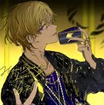  1boy black_jacket blonde_hair cake cake_slice chain_necklace commentary finger_tattoo food happy_birthday holding holding_food jacket kuzuryu_chisei licking_lips long_sleeves looking_at_viewer male_focus neck_tattoo paradox_live short_hair smile suou symbol-only_commentary tattoo tongue tongue_out violet_eyes 