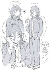  1boy alternate_costume angel_devil_(chainsaw_man) angel_wings chainsaw_man closed_mouth collared_shirt commentary_request drink_carton full_body gakuran greyscale halo hand_in_pocket hand_on_own_face highres holding holding_juice_box jacket juice_box long_hair looking_at_viewer male_focus monochrome multiple_views open_clothes open_jacket open_mouth pants rigeshita school_uniform shirt simple_background spoken_squiggle squiggle standing translation_request unbuttoned white_background wings 