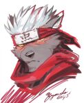 1boy animal_ears colored_sclera commentary_request dog_boy dog_ears forehead_protector frown furry furry_male fuyodo male_focus ninja portrait red_eyes red_scarf scar scar_on_face scarf short_hair signature solo tadatomo_(housamo) tokyo_afterschool_summoners twitter_username white_hair yellow_sclera 