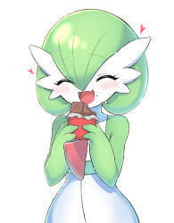  1girl ^_^ blush bob_cut candy chocolate chocolate_bar closed_eyes collarbone colored_skin commentary eating fang flat_chest food food_bite food_on_face gardevoir green_hair green_skin hair_between_eyes hands_up happy heart highres holding holding_food multicolored_skin open_mouth pokemon pokemon_(creature) raised_eyebrows sara_(sublender1234) short_hair simple_background skin_fang smile solo standing two-tone_skin upper_body white_background white_skin 