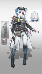  1girl absurdres belt belt_pouch blue_bow boots bow commentary_request full_body gas_mask gloves glowstick grey_background gun hair_bow hat highres holding holding_glowstick holding_gun holding_weapon linkai_nuofu long_hair looking_at_viewer lucca_project mask mask_on_head multicolored_hair oxygen_tank pants pink_eyes pink_hair pouch reference_inset sasha_krik shadow signature solo standing streaked_hair trigger_discipline vest violet_eyes weapon white_gloves white_hair white_pants 