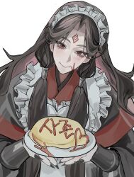  1boy alternate_hairstyle apron black_hanfu black_nails brown_hair chinese_clothes closed_mouth curtained_hair eyelashes fingernails food food_writing frilled_apron frills hair_tubes hajae hanfu hashtag-only_commentary head_tilt heart_apron highres holding holding_plate ketchup korean_text layered_sleeves light_blush long_hair long_sleeves looking_at_viewer low-tied_sidelocks luo_binghe maid_headdress omelet parted_bangs plate red_eyes red_trim renzha_fanpai_zijiu_xitong sharp_fingernails sidelocks simple_background smile solo wavy_hair white_apron white_background wide_sleeves zuiyin 
