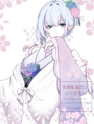  1girl beta_(kagejitsu) blue_eyes blue_hair commentary_request elf flower gmlq9n hair_flower hair_ornament highres japanese_clothes kage_no_jitsuryokusha_ni_naritakute! kimono looking_at_viewer pointy_ears short_hair solo twitter_username 