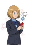  1girl alternate_costume bangs black_jacket blue_eyes blue_shirt bow bowtie brown_hair buttons closed_mouth collared_shirt commentary_request dated eyelashes highres holding holding_phone jacket long_sleeves one-hour_drawing_challenge phone pokemon pokemon_(anime) pokemon_(creature) pokemon_xy_(anime) rotom rotom_phone serena_(pokemon) shirt short_hair signature smile star_(symbol) tamura_(kouititamura) white_background 