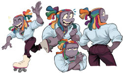  bismuth bismuth_(steven_universe) blue_blush blush chest_jewel closed_eyes closed_mouth collared_shirt colored_blush colored_skin deformed dreadlocks fawken flying_sweatdrops full_body gem gem_(steven_universe) grey_skin half_updo highres medium_hair multicolored_hair muscular muscular_female official_alternate_costume open_mouth pants rainbow_hair roller_skates shirt skates skating smile sparkle steven_universe steven_universe_future teeth tomboy upper_body white_background white_shirt 