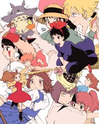  3boys 6+girls animal_ears arrietty artist_name black_boots black_hair blonde_hair blue_dress blue_eyes blunt_bangs blunt_ends boots bow braid broom broom_riding brown_eyes brown_hair cape cat_boy cat_ears creator_connection creature dress earrings facepaint facial_mark floating fur_cape furry furry_male furry_with_non-furry gake_no_ue_no_ponyo gold_trim green_dress grin hair_bow hairband haku_(sen_to_chihiro_no_kamikakushi) hat headdress highres holding_hands howl_(howl_no_ugoku_shiro) howl_no_ugoku_shiro interspecies jacket jewelry jiji_(majo_no_takkyuubin) karigurashi_no_arrietty kiki_(majo_no_takkyuubin) kusakabe_mei kusakabe_satsuki majo_no_takkyuubin mononoke_hime multiple_boys multiple_girls necklace ogino_chihiro orange_skirt parted_lips pink_hair polo_tokki ponyo ponytail purple_dress red_bow red_dress red_hairband red_jacket san_(mononoke_hime) sen_to_chihiro_no_kamikakushi sheeta shirt shirt_under_dress short_hair siblings sisters skirt smile sophie_hatter_(howl_no_ugoku_shiro) straw_hat studio_ghibli teeth tenkuu_no_shiro_laputa the_baron_(mimi_wo_sumaseba) tonari_no_totoro tooth_necklace totoro twin_braids whisker_markings white_shirt yellow_eyes yellow_shirt yoshioka_haru 