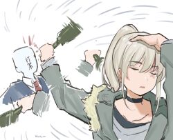  1boy 1girl black_choker bottle chinese_commentary choker closed_eyes commentary_request girls_band_cry grey_hair grey_jacket highres holding holding_bottle jacket jujutsu_kaisen kawaragi_momoka kiraing_poi long_hair meme naoya_hitting_choso_without_looking_(meme) open_mouth ponytail translation_request upper_body 