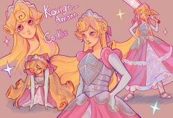 1girl armor armored_dress blonde_hair colored_eyelashes cookie_run cookie_run:_kingdom curly_hair dress flipped_bangs hand_on_hip hand_on_own_hip heart-shaped_pupils heart-shaped_sleeves holding holding_sword holding_weapon humanization kouign-amann_cookie long_hair looking_at_viewer multicolored_hair multiple_views pink_dress pink_eyes pink_hair pink_streaks silver_crown silver_tiara simple_background sitting sparkle streaked_hair sword_over_shoulder symbol-shaped_pupils very_long_hair y00v1