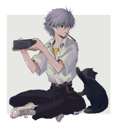  1boy animal belt bento black_cat black_pants brown_belt cat chopsticks collared_shirt full_body grey_hair highres holding holding_bento indian_style male_focus mouth_hold nagisa_kaworu neon_genesis_evangelion pants red_eyes school_uniform shirt shirt_tucked_in shoes short_hair sitting tokyo-3_middle_school_uniform white_shirt white_shoes yellow_shirt yorumi1117 