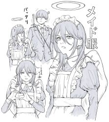  2boys alternate_costume angel_devil_(chainsaw_man) apron chainsaw_man collared_dress collared_shirt commentary_request crossdressing crossdressing_(mtf) dress frilled_apron frills hair_between_eyes halo hayakawa_aki heart heart_hands highres jacket long_hair looking_at_another maid maid_apron maid_headdress male_focus male_maid multiple_boys multiple_views necktie no_halo open_mouth rigeshita shirt short_hair simple_background suit_jacket topknot translation_request weapon weapon_on_back white_background 