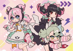  +_+ 3girls :< angels_of_delusion aria_(zenless_zone_zero) arm_warmers bare_shoulders black_hair black_sleeves blue_eyes blush_stickers closed_mouth commentary_request detached_sleeves fang garter_straps green_hair green_skirt hair_ornament heart heart_hair_ornament leaning_forward leg_warmers lightning_bolt_symbol multicolored_hair multiple_girls nangong_yu natsume_eri open_mouth pink_background pink_hair pixelated puffy_short_sleeves puffy_sleeves red_eyes red_shoes shirt shoes short_sleeves skirt star_(symbol) striped_clothes striped_skirt sunna_(zenless_zone_zero) tears thigh-highs torn_clothes torn_thighhighs two-tone_hair vertical-striped_clothes vertical-striped_skirt wavy_mouth white_shirt white_sleeves white_thighhighs zenless_zone_zero 