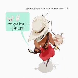  1girl :3 ? alternate_costume antennae arthropod_girl belt belt_buckle black_eyes bow bowtie brown_belt brown_ribbon buckle cellphone commentary english_commentary english_text feathers flea_(hollow_knight) from_above hat hat_feather hat_ribbon highres hightguy holding holding_phone hollow_knight hollow_knight:_silksong hornet_(hollow_knight) knight_(hollow_knight) orange_sweater phone red_bow red_bowtie red_skirt ribbon shadow shakra_(hollow_knight) shoulder_belt skirt smile standing sweat sweater text_messaging white_background white_feathers white_hat 