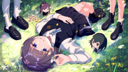  5girls arched_bangs black_overskirt black_vest blue_ribbon blue_skirt blunt_bangs chibi chibigurumi commentary_request csaw_kamimachi gakuen_idolmaster grass hand_on_own_stomach hataya_misuzu hatsuboshi_gakuen_school_uniform idolmaster kaya_rinha looking_at_viewer lying multiple_girls neck_ribbon on_back on_ground outdoors purple_hair ribbon school_uniform shirt short_hair skirt socks tsukimura_temari vest white_shirt white_socks 