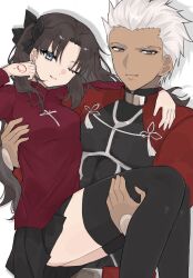  1boy 1girl archer_(fate) black_hair black_ribbon black_skirt blue_eyes brown_eyes carrying command_spell dark-skinned_male dark_skin fate/stay_night fate_(series) hair_ribbon highres koneko_185 long_hair long_sleeves one_eye_closed princess_carry ribbon shirt shrug_(clothing) simple_background skirt smile thigh-highs tohsaka_rin turtleneck two_side_up white_background white_hair zettai_ryouiki 