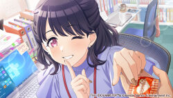  1girl aged_up black_hair blue_shirt brown_nails chair commentary_request cookie desk earrings finger_to_mouth food fukumaru_koito idolmaster idolmaster_shiny_colors jewelry lanyard long_hair looking_at_viewer office_chair office_lady official_art one_eye_closed pearl_earrings pov pov_hands shirt smile solo_focus swept_bangs swivel_chair upper_body violet_eyes 