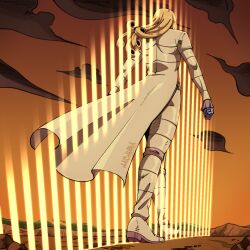  1boy arms_at_sides artist_name blonde_hair brown_shoes clouds coat commentary curly_hair d4c_love_train frilled_sleeves frills from_behind from_below full_body funny_valentine gloves hachuart highres jojo_no_kimyou_na_bouken long_hair long_sleeves mountainous_horizon on_ground outdoors pants purple_gloves shoes sky solo stand_(jojo) standing steel_ball_run sunset white_coat white_pants 