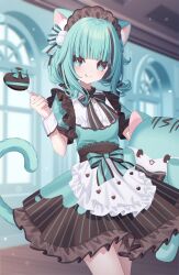  1girl :q animal_ear_fluff animal_ears apron black_hair black_skirt blue_eyes blue_hair blue_shirt blurry blurry_background cat_ears cat_girl cat_tail closed_mouth commentary_request commission depth_of_field frilled_apron frilled_skirt frills highres holding indoors maid multicolored_hair original puffy_short_sleeves puffy_sleeves sapphire_(sapphire25252) shirt short_sleeves skeb_commission skirt smile solo streaked_hair striped_clothes striped_skirt tail tongue tongue_out vertical-striped_clothes vertical-striped_skirt waist_apron white_apron window wrist_cuffs 