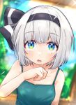  1girl absurdres bangs black_hairband blue_eyes blurry blurry_background grey_hair hairband highres konpaku_youmu looking_at_viewer open_mouth outdoors short_hair sleeveless solo suguharu86 sweat touhou upper_body 