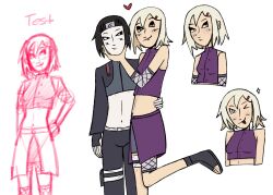  1boy 1girl bandaged_leg bandages black_eyes black_gloves black_hair blonde_hair blush bob_cut caressing_cheek commentary couple crop_top elbow_sleeve english_commentary fingerless_gloves forehead_protector gloves hair_ornament hairclip hand_on_another's_waist headband heart highres konohagakure_symbol miniskirt moosandscrews naruto_(classic) naruto_(series) naruto_shippuuden one_eye_closed open-toe_boots pale_skin sai_(naruto) shirt shorts skirt sleeveless sleeveless_shirt smile tongue tongue_out yamanaka_ino 