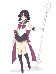  1girl bishoujo_senshi_sailor_moon boots bow buri_tora circlet closed_mouth commentary_request earrings elbow_gloves full_body gloves jewelry lace-up_boots looking_at_viewer pleated_skirt purple_boots purple_hair purple_sailor_collar purple_skirt sailor_collar sailor_saturn shirt short_hair simple_background skirt solo tomoe_hotaru violet_eyes white_background white_gloves white_shirt 