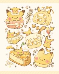  balloon cake character-themed_food commentary_request cookie cup electricity flower food food_focus fork highres no_humans pie pikachu pokemon pokemon_(creature) pokemon_focus ribbon smile swiss_roll teacup temariame14 twitter_username yellow_background 